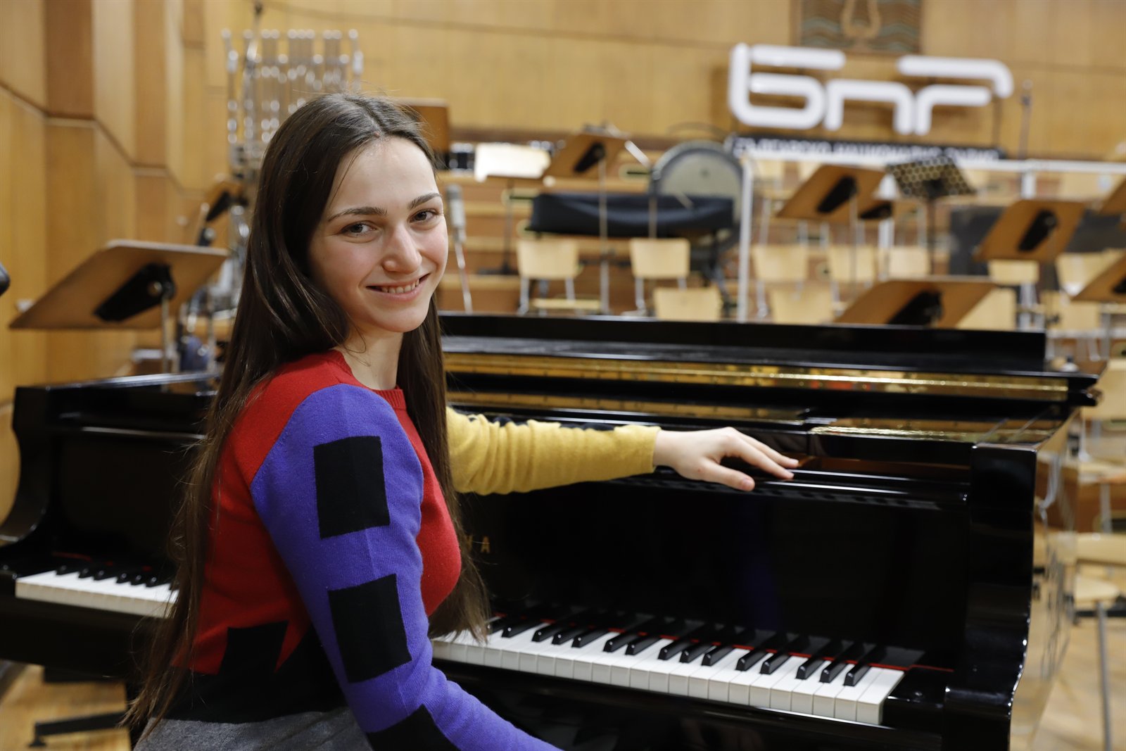 Angela Todorova at the grand piano in the studio of the Bulgarian National Radio