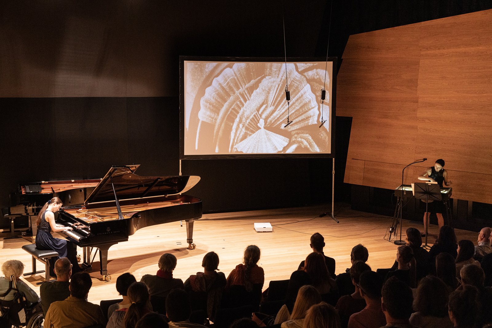 Angela Todorova at the piano beside a screen showing live sand animation at the MDW in Vienna