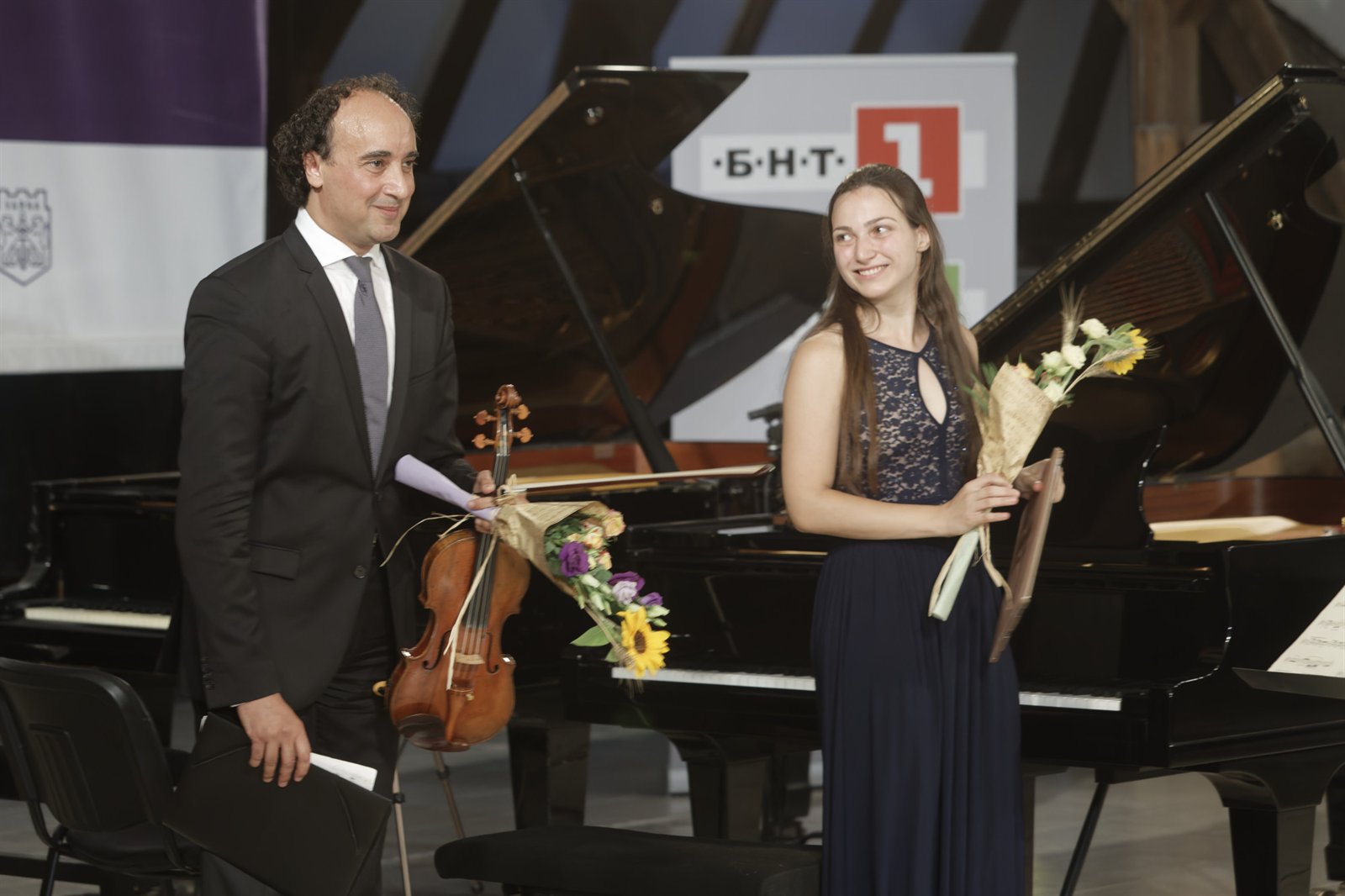 Angela Todorova with a violinist after a chamber concert at the Varna Summer festival